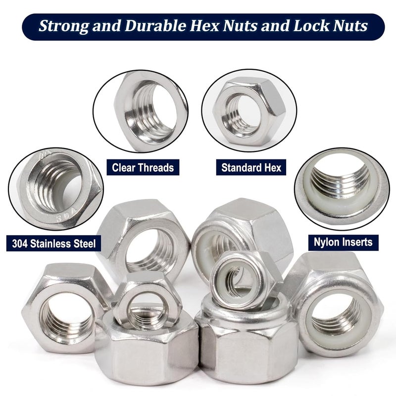 ZQZ 345 Pack SAE Hex Nut & Locknuts Assortment Kit,4#40 6#32 8#32 10#24 10#32 12#24 1/4-20 5/16-18 3/8-16 7/16-14 1/2-13 1/4-20 304 Stainless Steel Standard Thread Nylon Insert Lock Nuts Set - Image 3